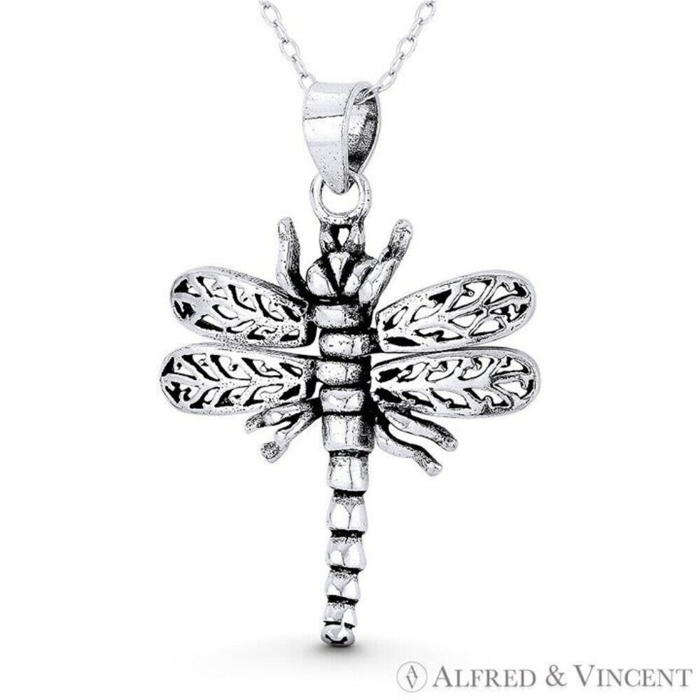 Dragonfly Insect Charm Pendant Animism Jewelry in Oxidized .925 Sterling Silver